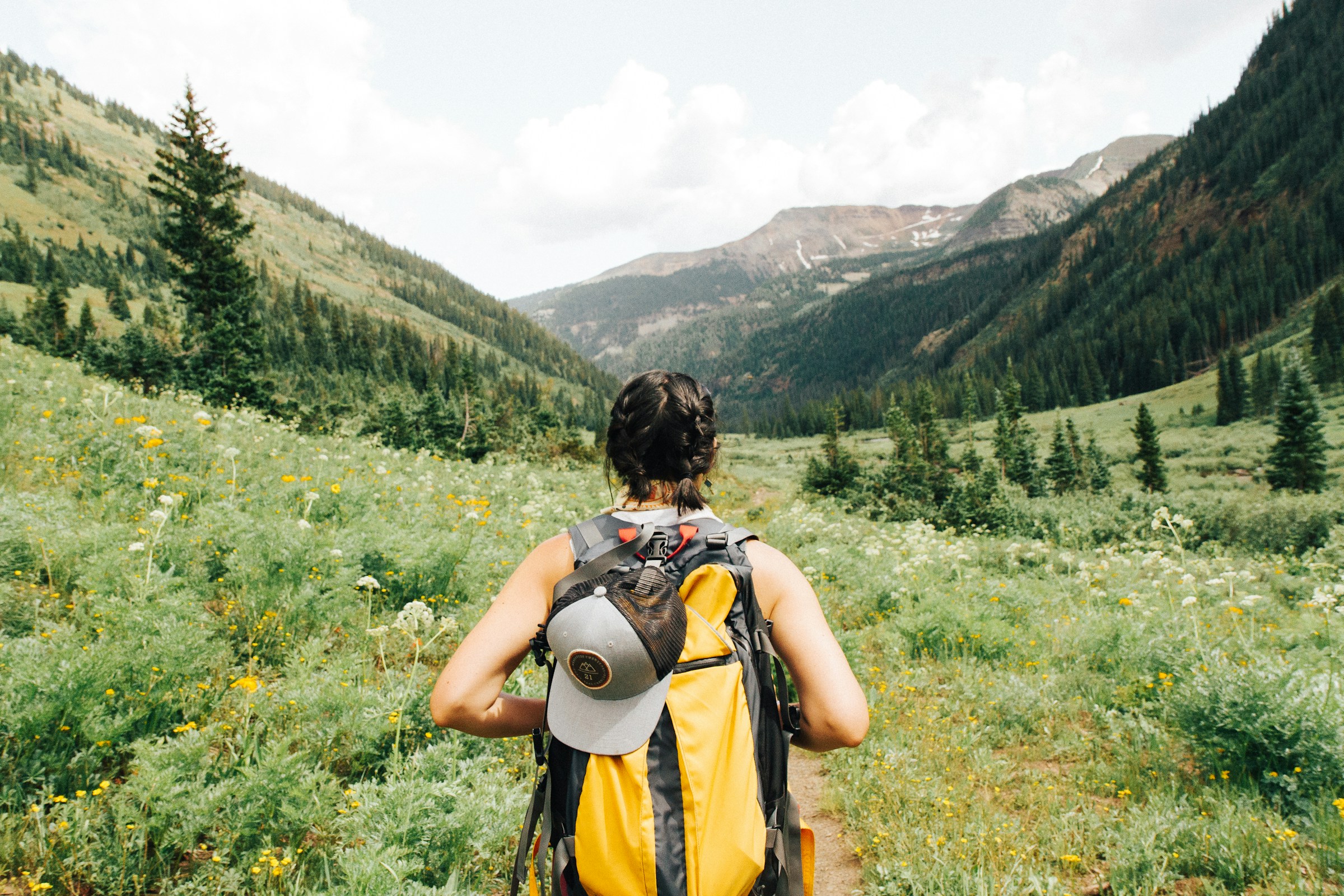 A traveller following a path through a green mountain meadow