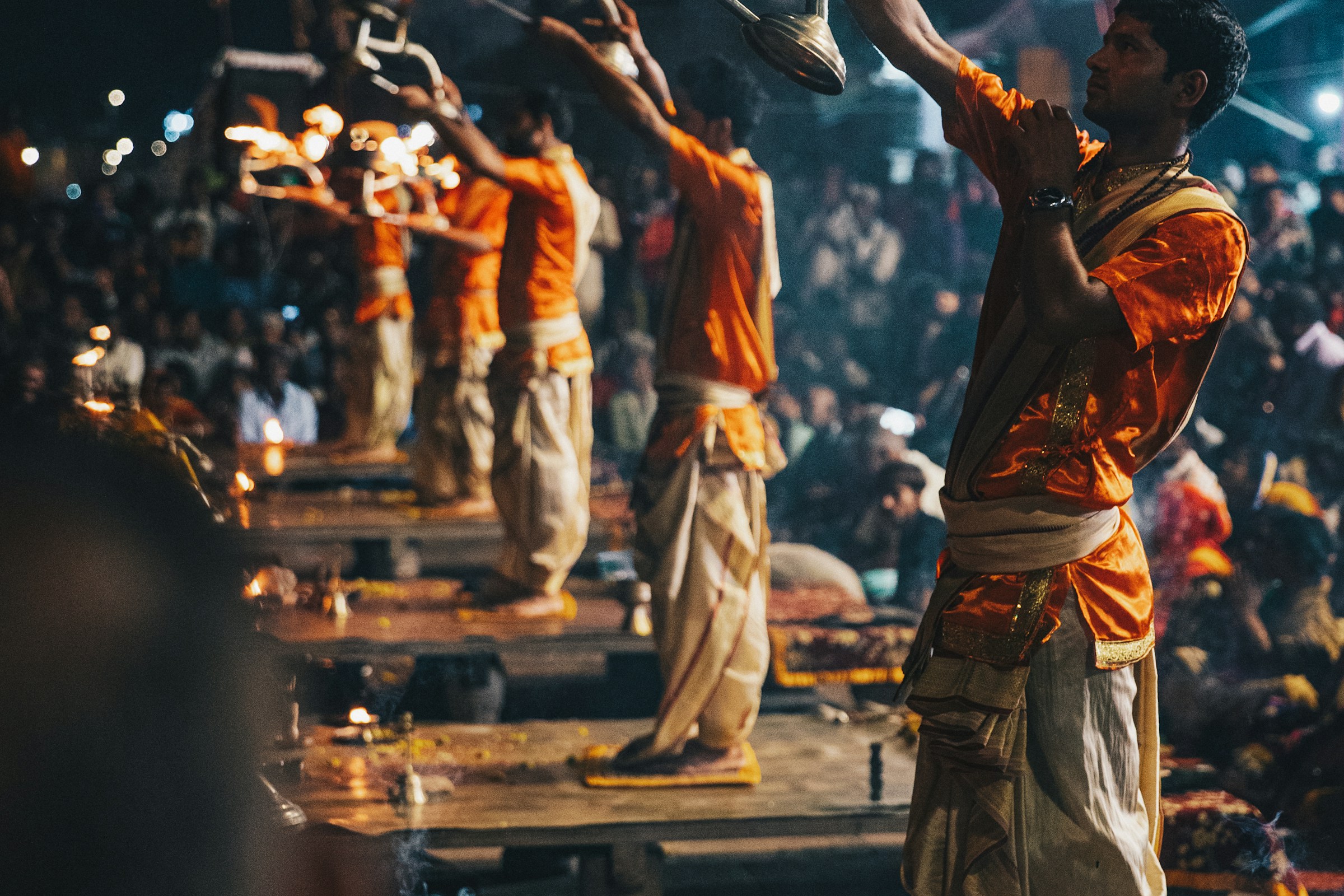 An evening ritual with lamps on the ghats of Varanasi