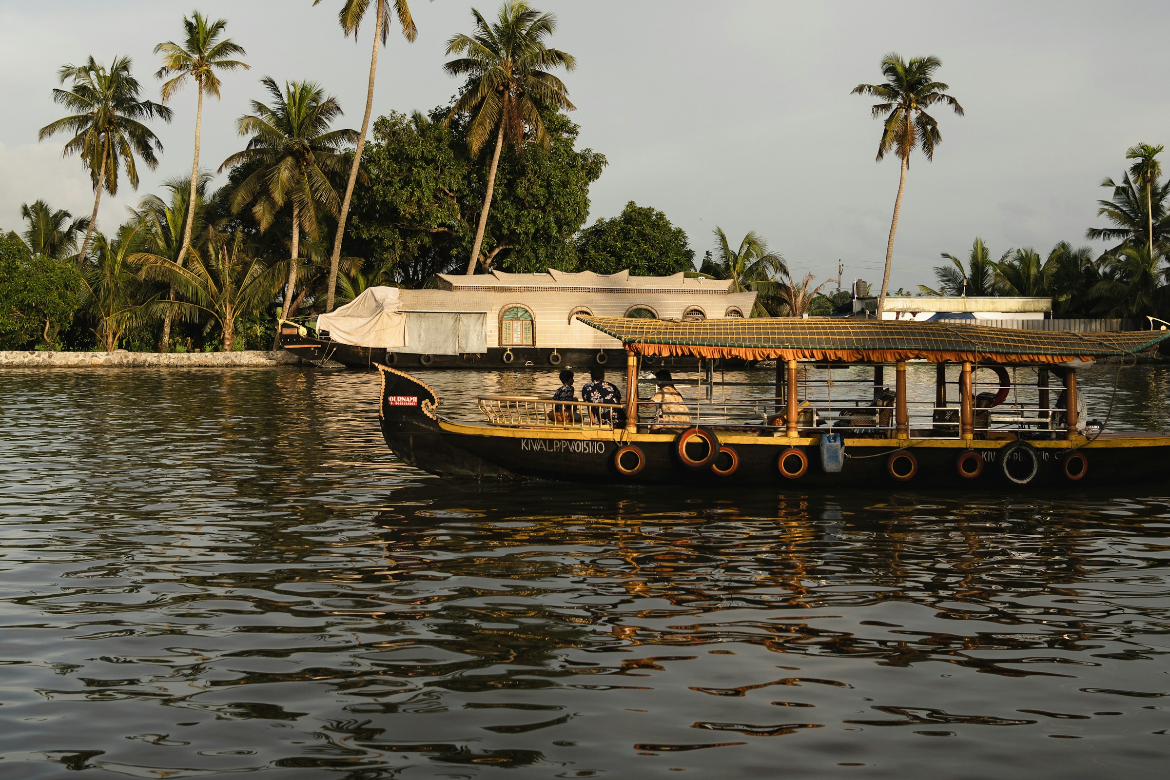 A houseboat resting beneath palms on Kerala's backwaters