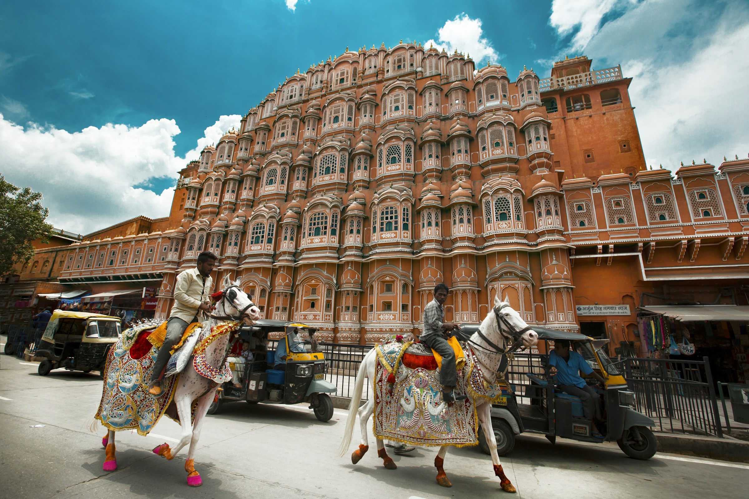 A colourful street in front of Jaipur's Hawa Mahal