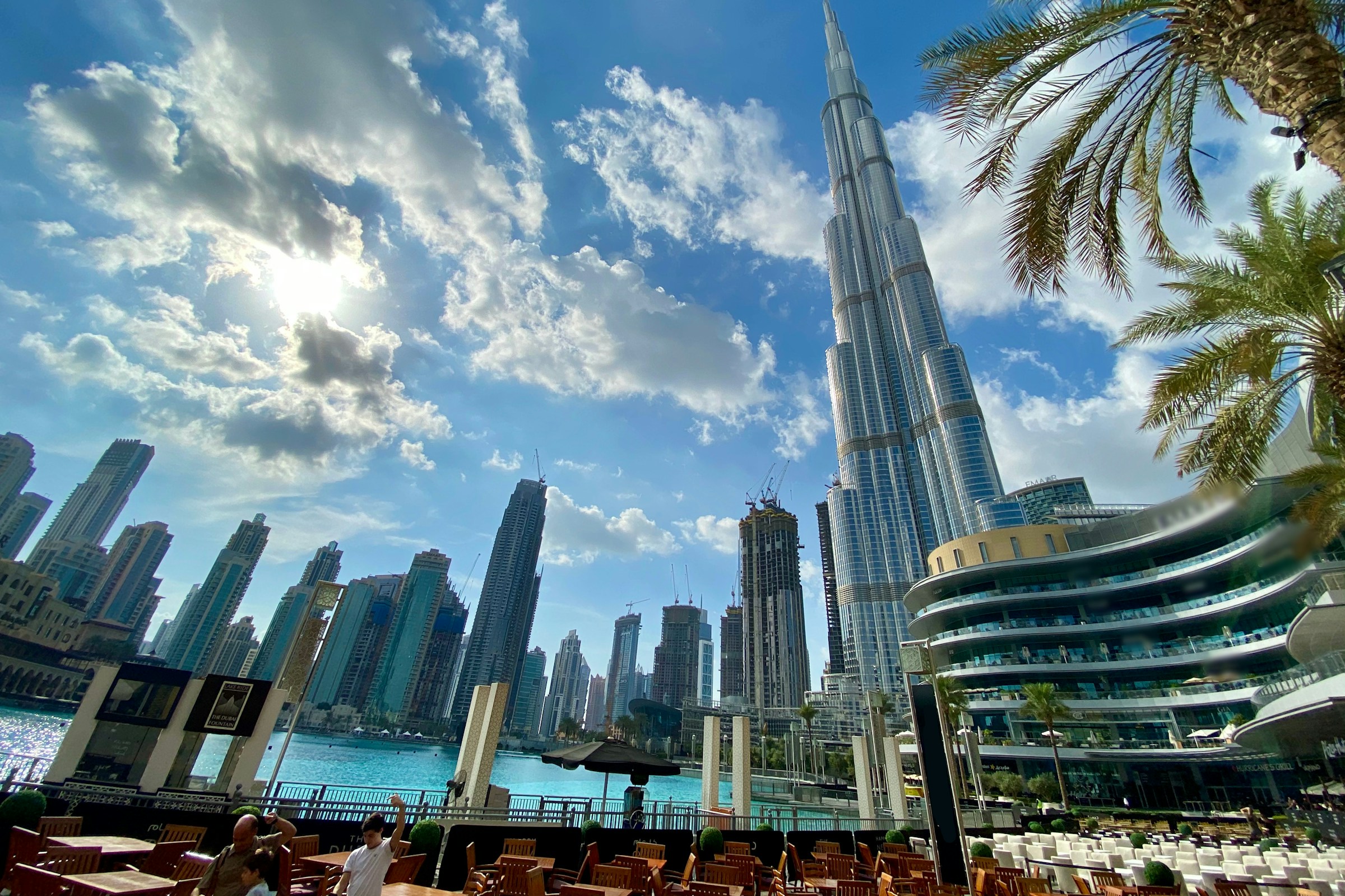 The Burj Khalifa rising above fountains and surrounding towers