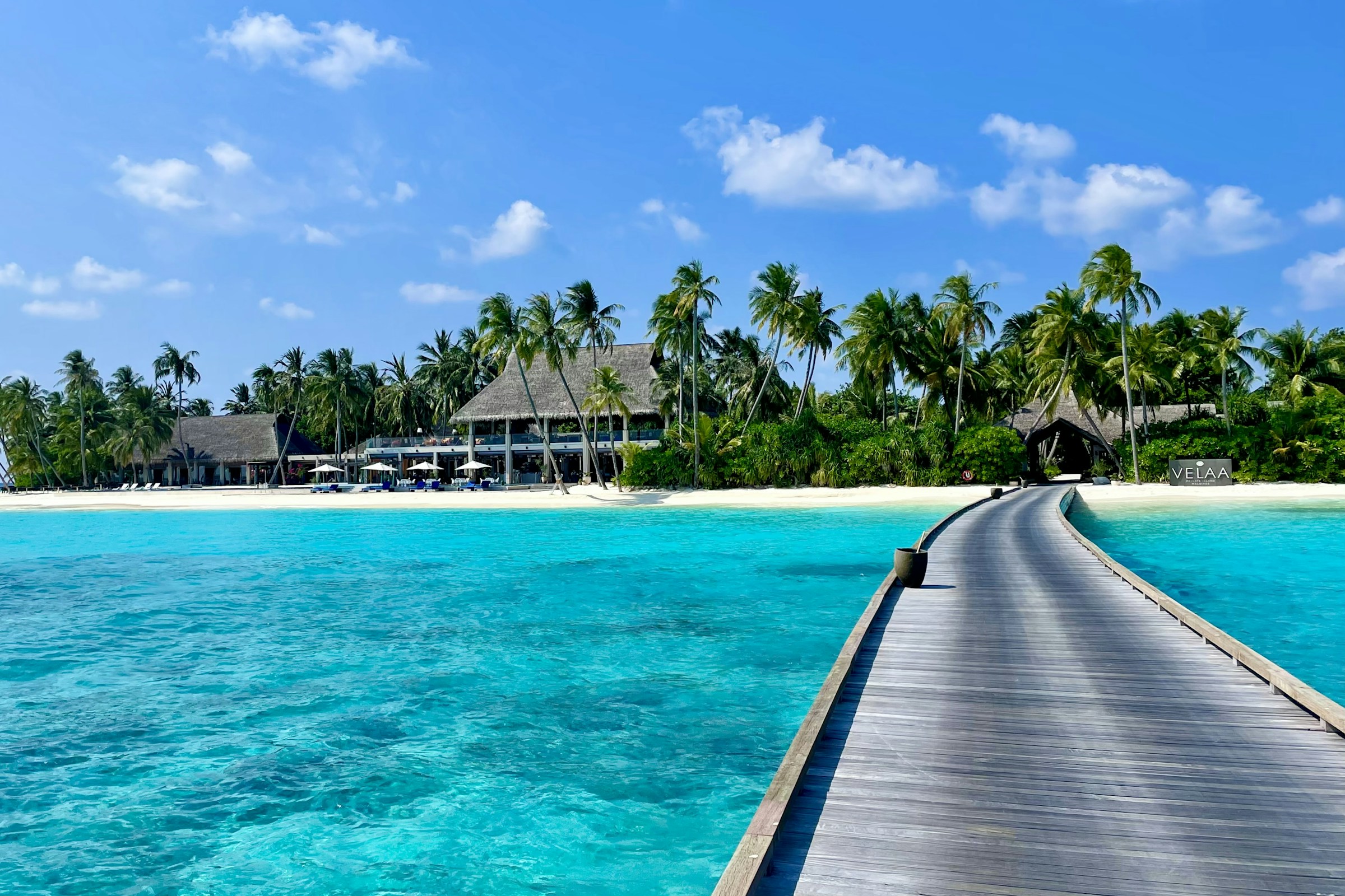 A wooden walkway over clear water toward a palm-fringed island